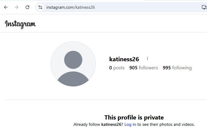 Kathleen Millar @katiness26 Instagram profile after profile image removal 22 June 2026
