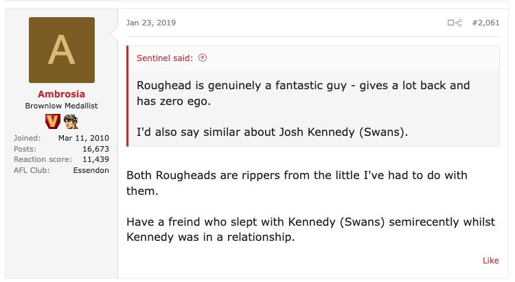 BigFooty forum screenshot Josh Kennedy Swans slept with someone while in a relationship