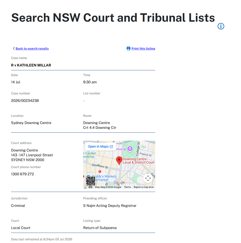 NSW Courts listing screenshot for R v KATHLEEN MILLAR return of subpoena case 2026/00234238