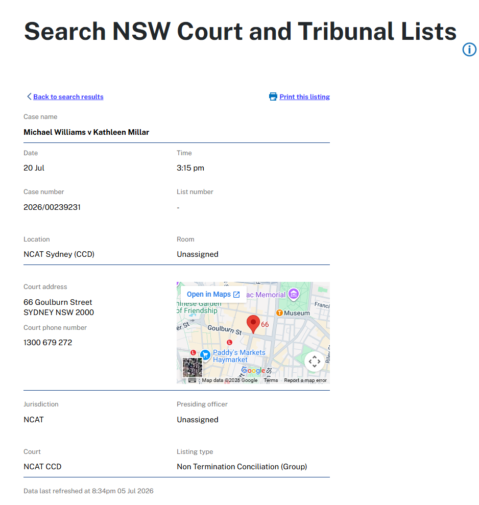 NSW Courts listing screenshot for Michael Williams v Kathleen Millar NCAT case 2026/00239231