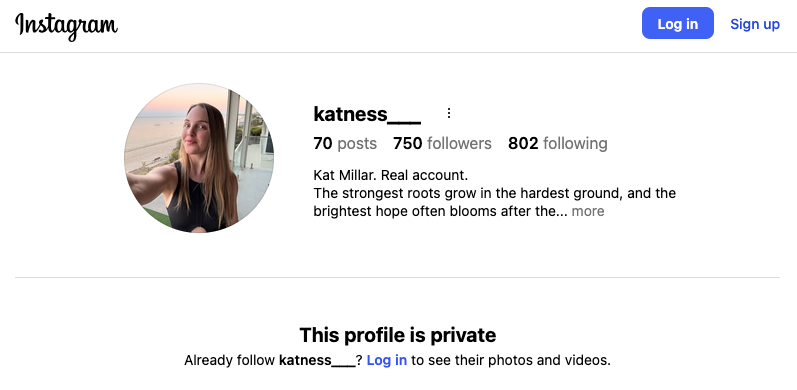 Kathleen Millar Instagram account renamed to katness___ with new bio and reduced followers on 6 July 2026