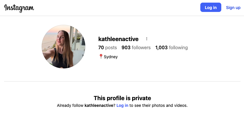 Kathleen Millar @kathleenactive Instagram profile showing Sydney location after late June 2026 bail variation