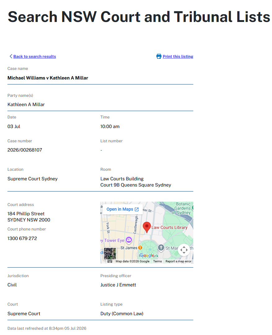 NSW Courts listing screenshot for Michael Williams v Kathleen A Millar Supreme Court case 2026/00268107