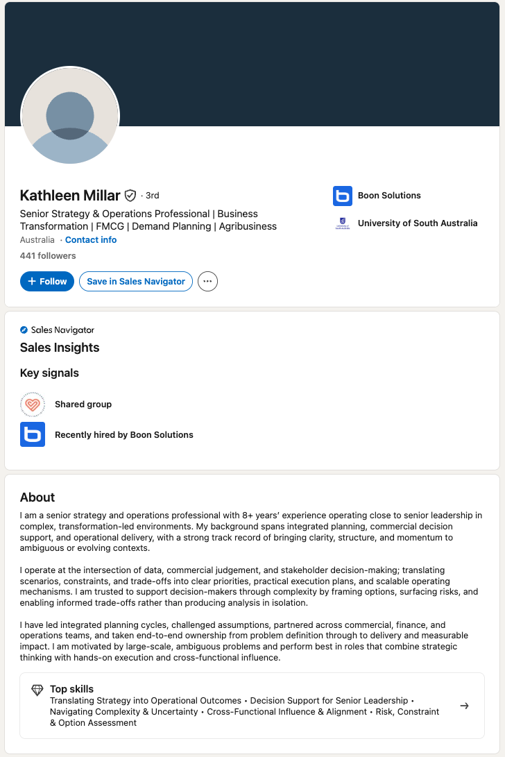 Kathleen Millar Boon Solutions LinkedIn profile screenshot before account deletion 23 June 2026