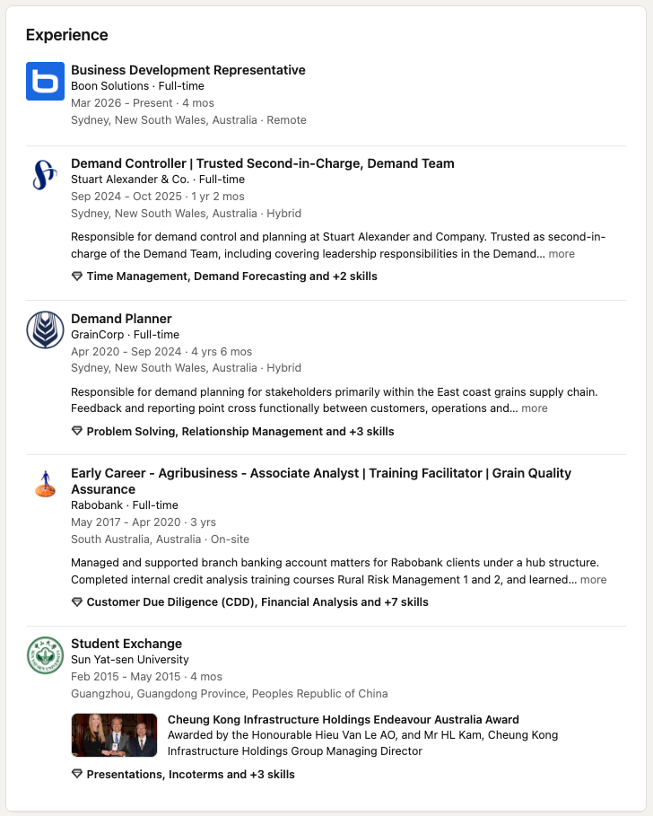 Kathleen Millar Boon Solutions LinkedIn Experience screenshot before account deletion 23 June 2026
